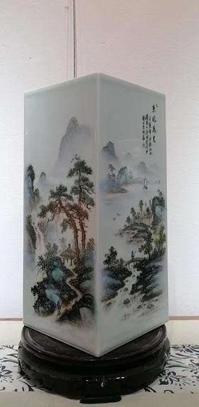 粉彩山水四方镶器