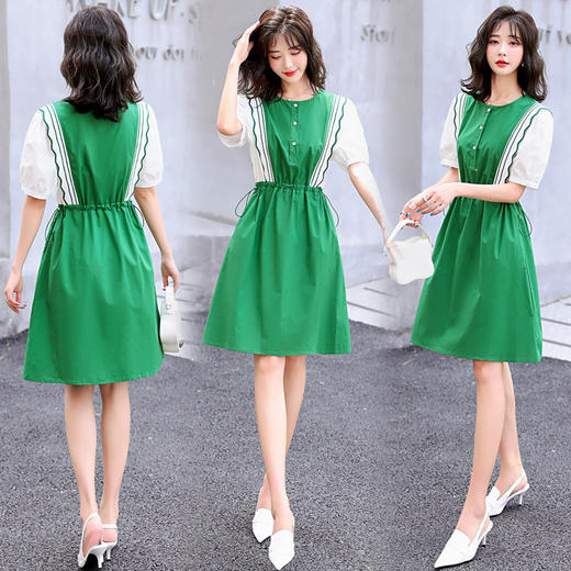 通勤优雅，A字裙短袖中裙H型套头中腰圆领纯色中裙连衣裙HR-SLF8117-1 商品图0