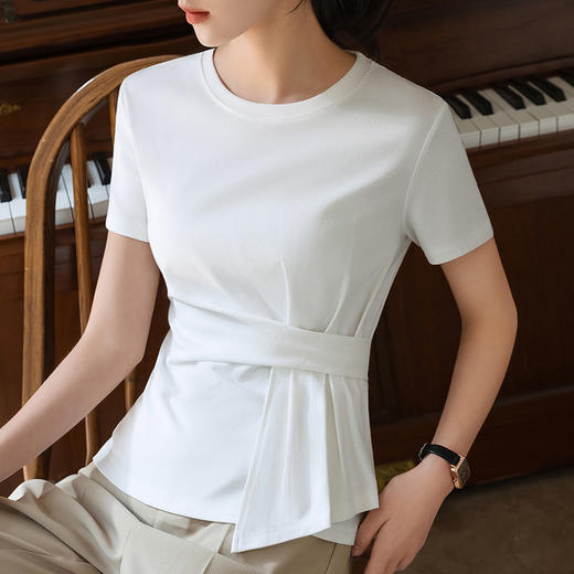 纯色圆领棉体恤设计感掐腰褶皱收腰上衣SG-T2C0187 商品图3