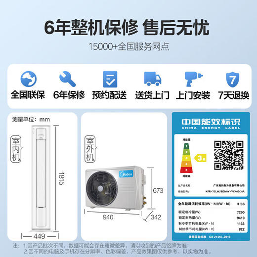 Midea/美的 空调 3匹 智行 新三级能效 变频冷暖 立式空调柜机 智能家电 大风口KFR-72LW/BDN8Y-YC400(3)A 商品图6