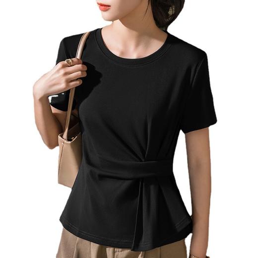 纯色圆领棉体恤设计感掐腰褶皱收腰上衣SG-T2C0187 商品图4