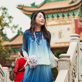 【林栖设计小店】【现货】生活在左青绿渐变牡丹红色原创盘绳绣桑蚕丝短款上衣1961096