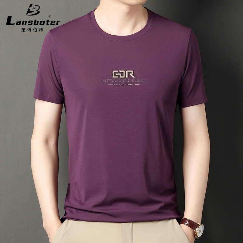 GY550-凹凸字母款蚂蚁格短袖t恤夏季新款男士短袖上衣免烫丝光圆领T恤衫