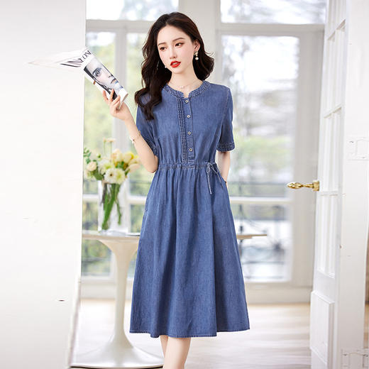 HR WX23509牛仔连衣裙韩版时尚休闲抽绳收腰显瘦A字裙 商品图3