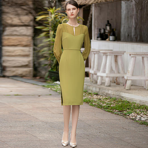 AD复古绿色法式连衣裙2023新款修身显瘦名媛气质高级感接拼礼服裙 商品图2