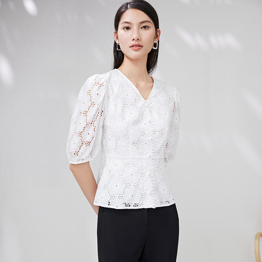EITIE爱特爱夏款新品100%棉优雅V领显瘦小上衣7013720 商品图2