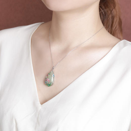 【荷花祥云】S925银和田玉白玉国潮珐琅吊坠【CW-51410】 商品图3