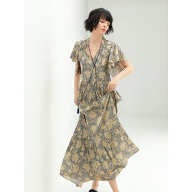 【限时秒杀】COCOBELLA缎面印花连衣裙优雅荷叶边茶歇裙度假沙滩长裙FR562