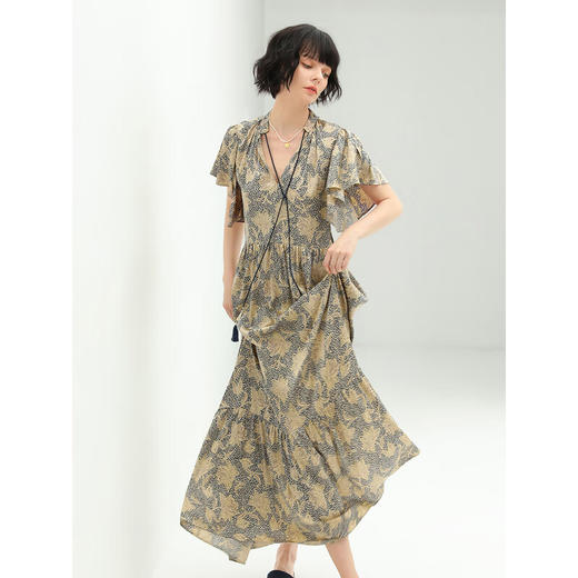 【限时秒杀】COCOBELLA缎面印花连衣裙优雅荷叶边茶歇裙度假沙滩长裙FR562 商品图0