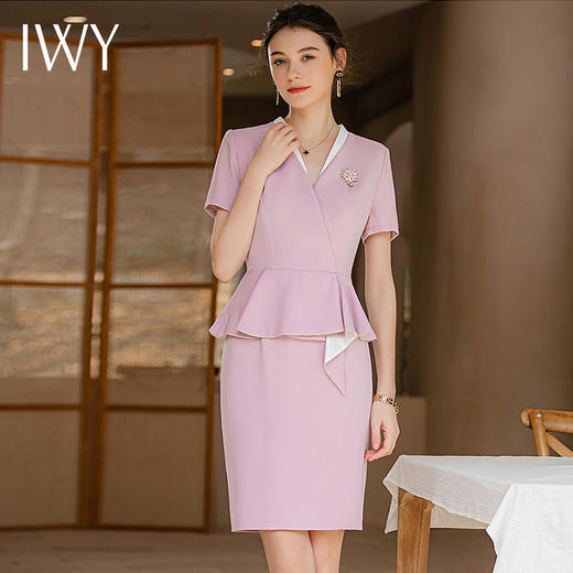 IWY/夏款气质假两件修身法式连衣裙女粉色高级感空姐工作服正装裙Q718 商品图4