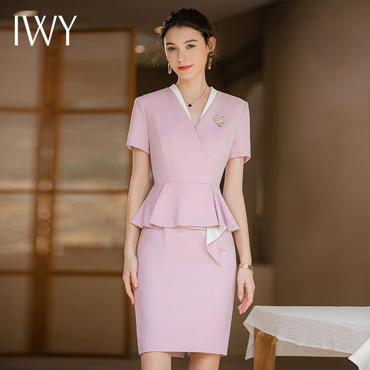 IWY/夏款气质假两件修身法式连衣裙女粉色高级感空姐工作服正装裙Q718 商品图0