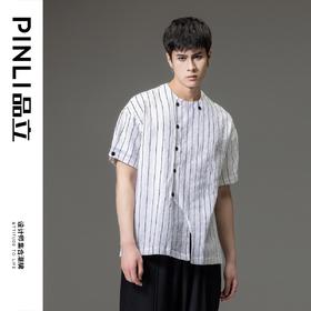 PINLI品立夏季新款圆领条纹衬衫男士亚麻休闲宽松短袖上衣潮B232113059