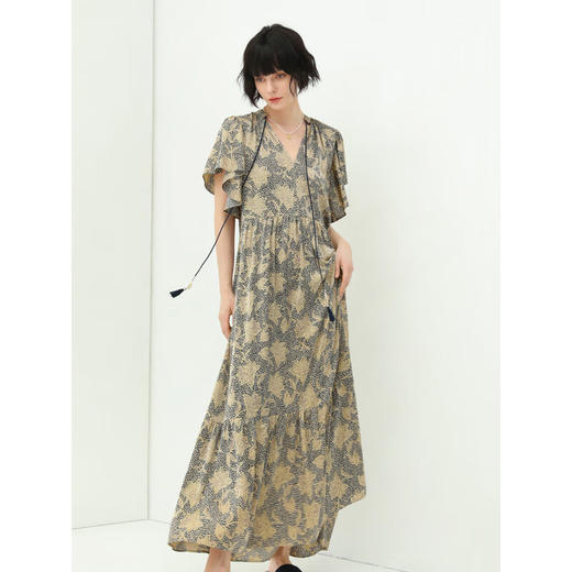 【限时秒杀】COCOBELLA缎面印花连衣裙优雅荷叶边茶歇裙度假沙滩长裙FR562 商品图3