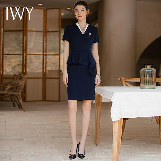 IWY/夏季短袖藏青色连衣裙女假两件时尚设计感薄款透气售楼部职业工装Q718-ZL 商品图2