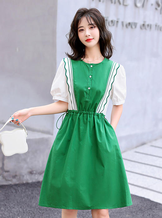 通勤优雅，A字裙短袖中裙H型套头中腰圆领纯色中裙连衣裙HR-SLF8117-1 商品图6