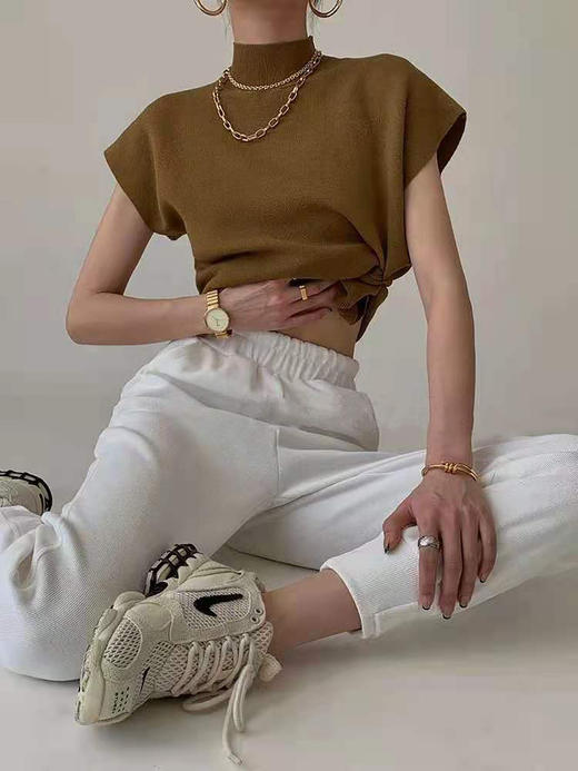 【设计感大气雅致时髦藏肉上衣】夏季半高领马甲女薄款坎肩背心外穿短款针织上衣宽松显瘦短袖T恤 商品图7