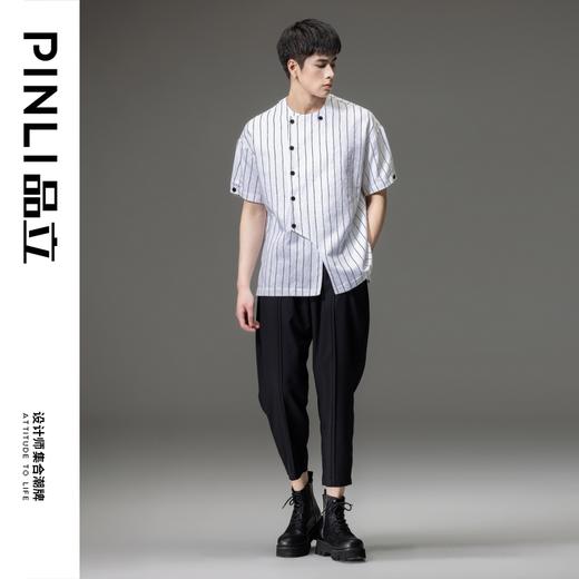 PINLI品立夏季新款圆领条纹衬衫男士亚麻休闲宽松短袖上衣潮B232113059 商品图1