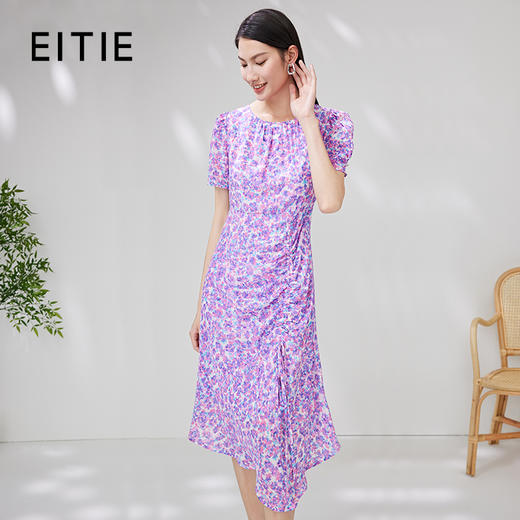 EITIE爱特爱夏款新品100%桑蚕丝优雅显瘦高腰舒适印花连衣裙7007754 商品图0