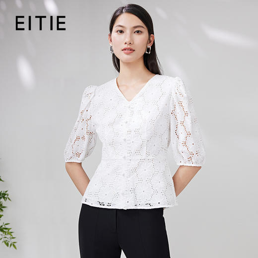 EITIE爱特爱夏款新品100%棉优雅V领显瘦小上衣7013720 商品图0