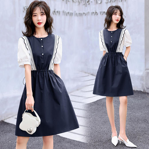 通勤优雅，A字裙短袖中裙H型套头中腰圆领纯色中裙连衣裙HR-SLF8117-1 商品图3