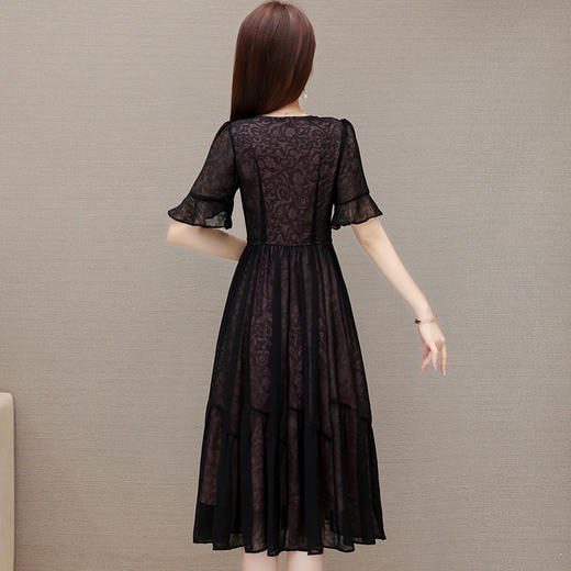 时尚妈妈装黑色高腰提花大摆A字裙喇叭袖连衣裙QYM-HSY-E23A009-Y 商品图1