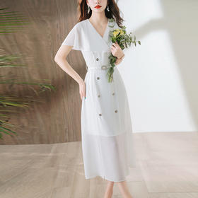 HRWL30699气质拼接荷叶袖修身显瘦连衣裙2023夏上新时尚V领洋气潮流