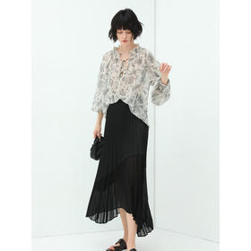 COCOBELLA设计感拼接缎面百褶裙飘逸压褶不对称半身长裙HS535B