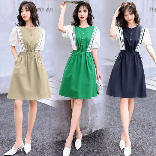 通勤优雅，A字裙短袖中裙H型套头中腰圆领纯色中裙连衣裙HR-SLF8117-1 商品图1