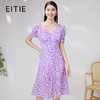 EITIE爱特爱夏款新品优雅V领显瘦高腰舒适泡泡袖印花连衣裙7007753 商品缩略图0