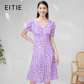EITIE爱特爱夏款新品优雅V领显瘦高腰舒适泡泡袖印花连衣裙7007753