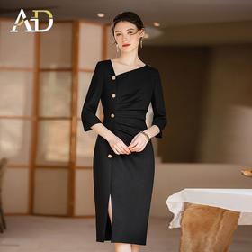AD法式优雅连衣裙女不规则斜领小黑裙高级感褶皱修身显瘦开叉裙夏