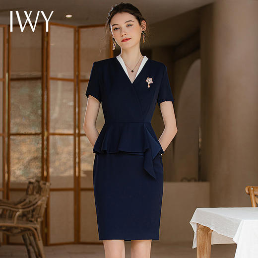 IWY/夏季短袖藏青色连衣裙女假两件时尚设计感薄款透气售楼部职业工装Q718-ZL 商品图1