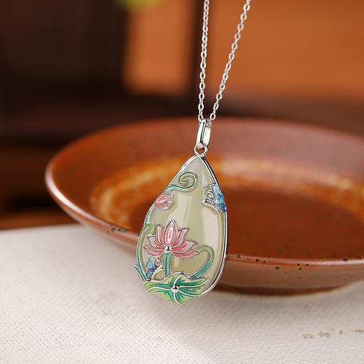 【荷花祥云】S925银和田玉白玉国潮珐琅吊坠【CW-51410】 商品图1