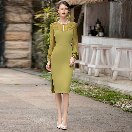 AD复古绿色法式连衣裙2023新款修身显瘦名媛气质高级感接拼礼服裙 商品图3