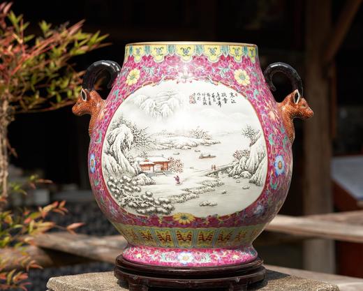 胭脂红扒花开窗雪景鹿耳福筒 商品图0