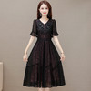时尚妈妈装黑色高腰提花大摆A字裙喇叭袖连衣裙QYM-HSY-E23A009-Y 商品缩略图0