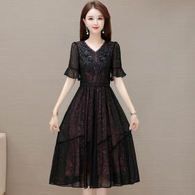 时尚妈妈装黑色高腰提花大摆A字裙喇叭袖连衣裙QYM-HSY-E23A009-Y