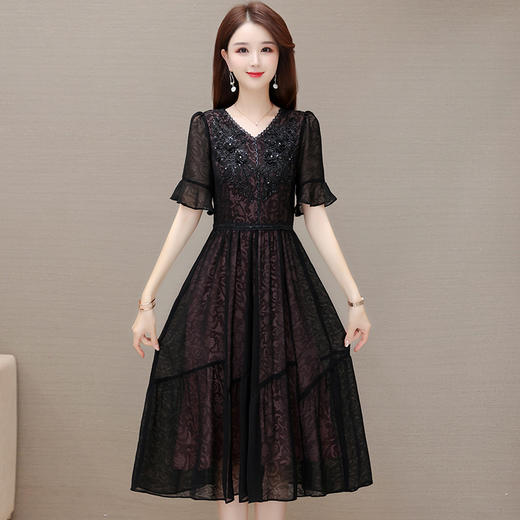 时尚妈妈装黑色高腰提花大摆A字裙喇叭袖连衣裙QYM-HSY-E23A009-Y 商品图0