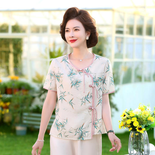ML033-2335中老年人夏装新款碎花上衣女妈妈短袖套装妈妈上衣服太太T恤婆婆 商品图0