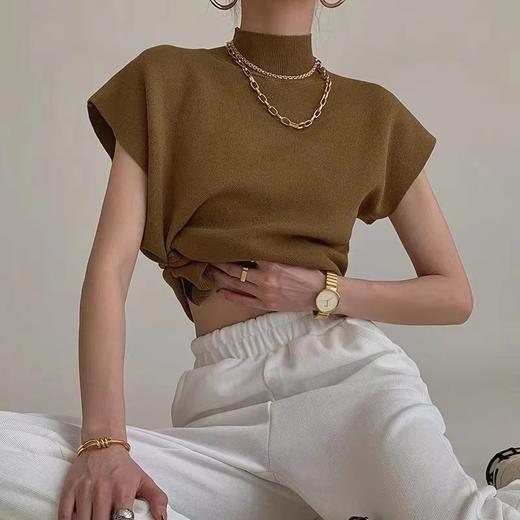 【设计感大气雅致时髦藏肉上衣】夏季半高领马甲女薄款坎肩背心外穿短款针织上衣宽松显瘦短袖T恤 商品图3