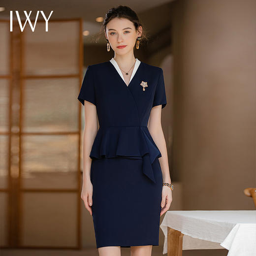 IWY/夏季短袖藏青色连衣裙女假两件时尚设计感薄款透气售楼部职业工装Q718-ZL 商品图4