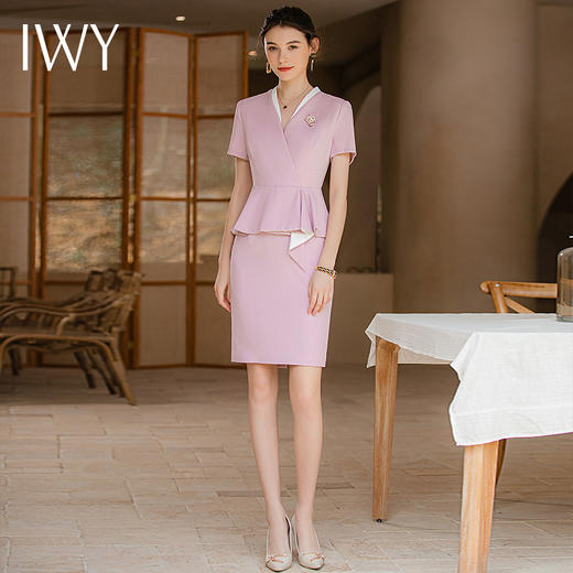 IWY/夏款气质假两件修身法式连衣裙女粉色高级感空姐工作服正装裙Q718 商品图3