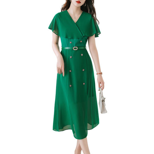 HRWL30699气质拼接荷叶袖修身显瘦连衣裙2023夏上新时尚V领洋气潮流 商品图4