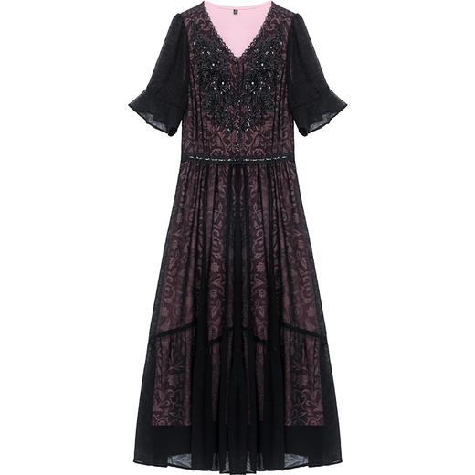 时尚妈妈装黑色高腰提花大摆A字裙喇叭袖连衣裙QYM-HSY-E23A009-Y 商品图4