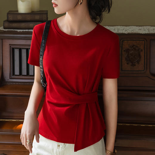 纯色圆领棉体恤设计感掐腰褶皱收腰上衣SG-T2C0187 商品图2