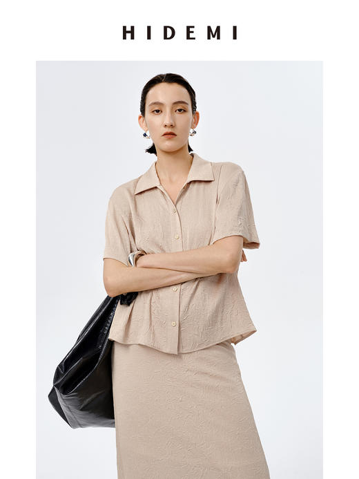 HIDEMI 微褶皱清透廓形极简衬衫半裙套装 商品图3
