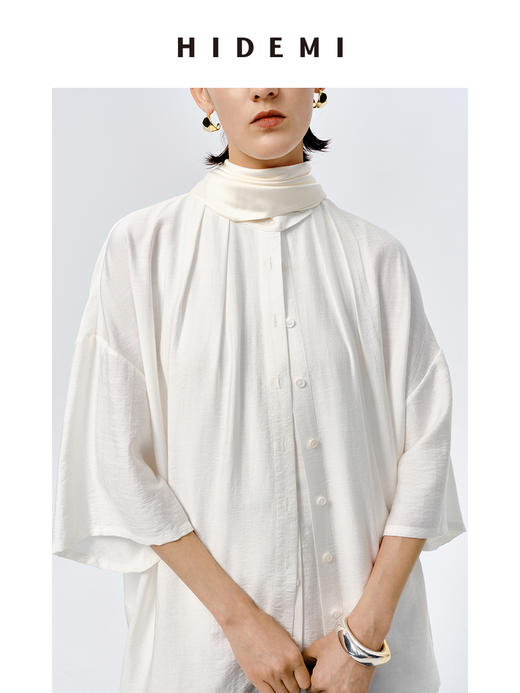 HIDEMI 水洗廓形极简褶皱微伞状多粒扣上衣 商品图5