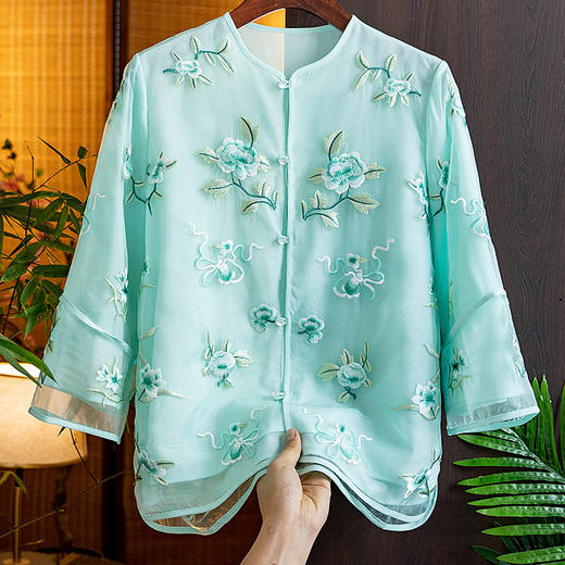 新中式复古，重工满绣柔顺欧根纱改良唐装上衣女装夏季开衫外套SJ-9485 商品图3