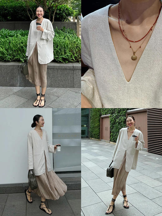 HIDEMI 水洗亚麻自然原色V领西装极简口袋开衩设计感西装式上衣 商品图1