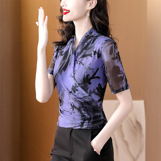 V领短袖双层网纱T恤修身针织网眼透气交叉领小衫K-460H2612 商品图3